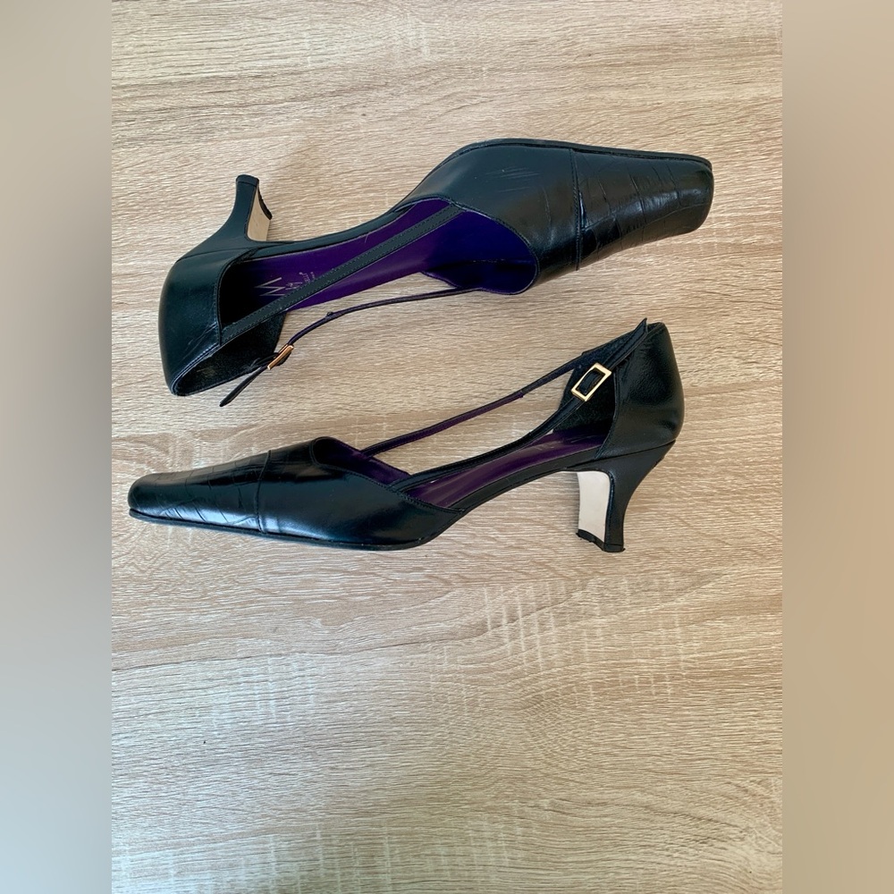 Vintage Black Leather Square Toe Pumps Low Heel Designer Made In Spain